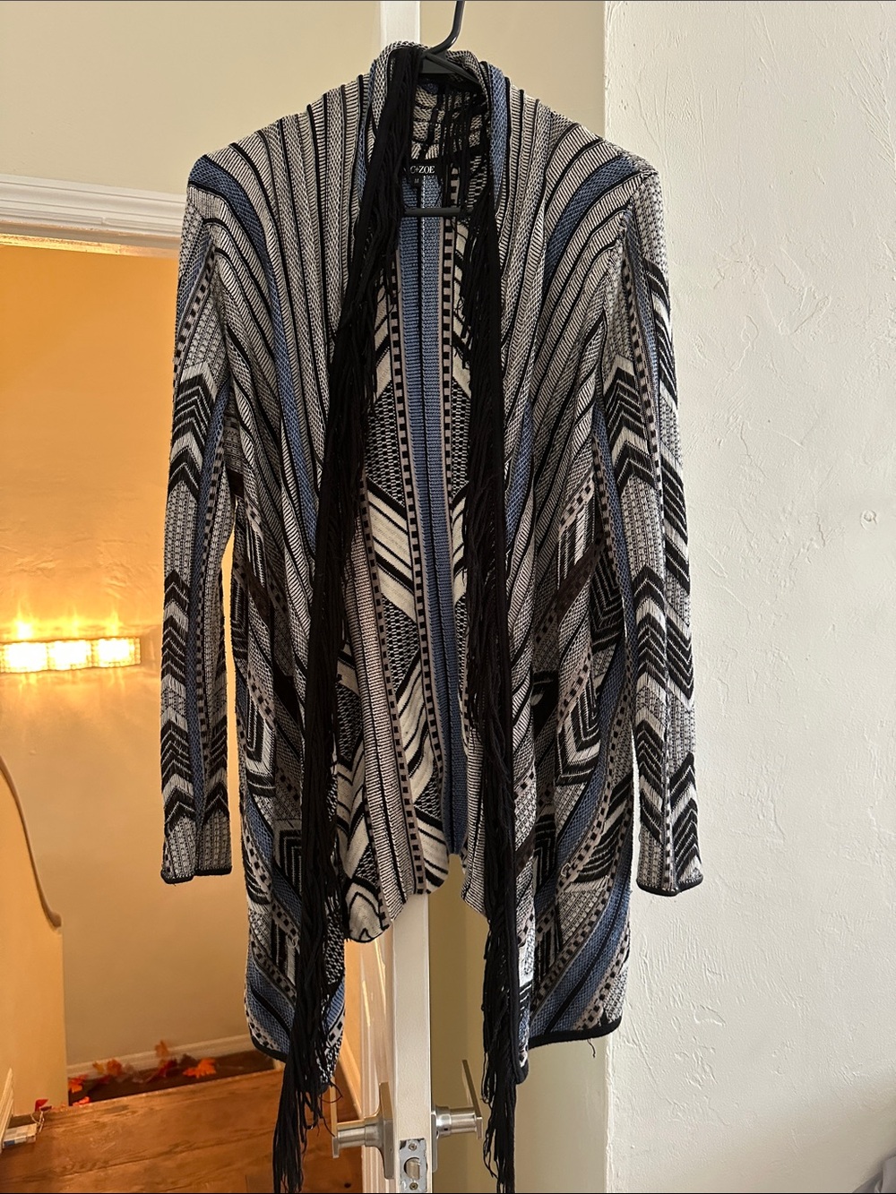 NIC+ZOE Blue, Black & White Fringe Open-Front Cardigan
